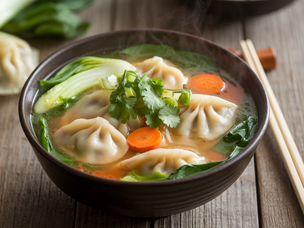 A bowl of Asian Dumpling Potsticker Soup with dumplings, bok choy, and carrots, garnished with green onions and cilantro.